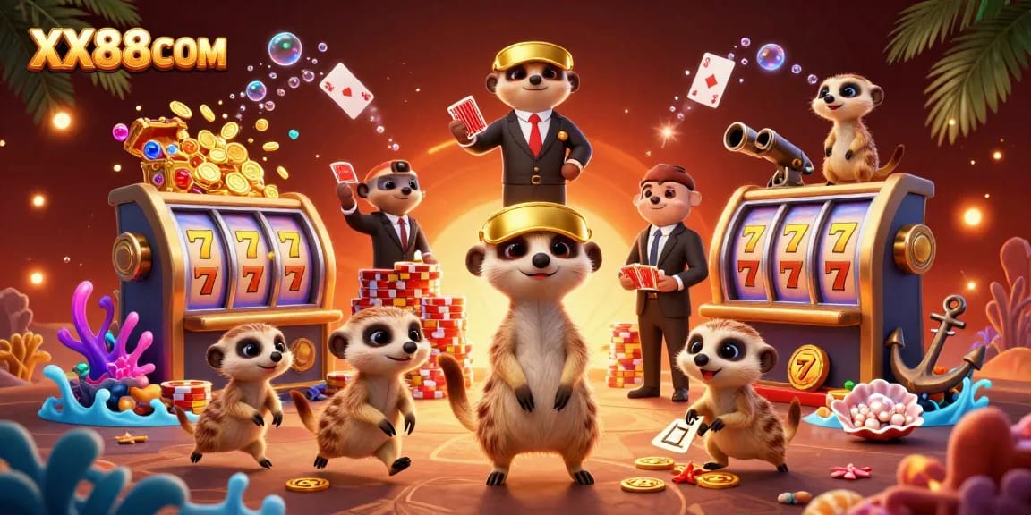 Experience the thrill of XX88COM with lively meerkats managing a vibrant casino operation.