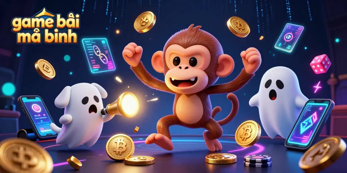 Engage in game bài mậu binh with entertaining visuals of a playful poltergeist monkey and curious puppy.