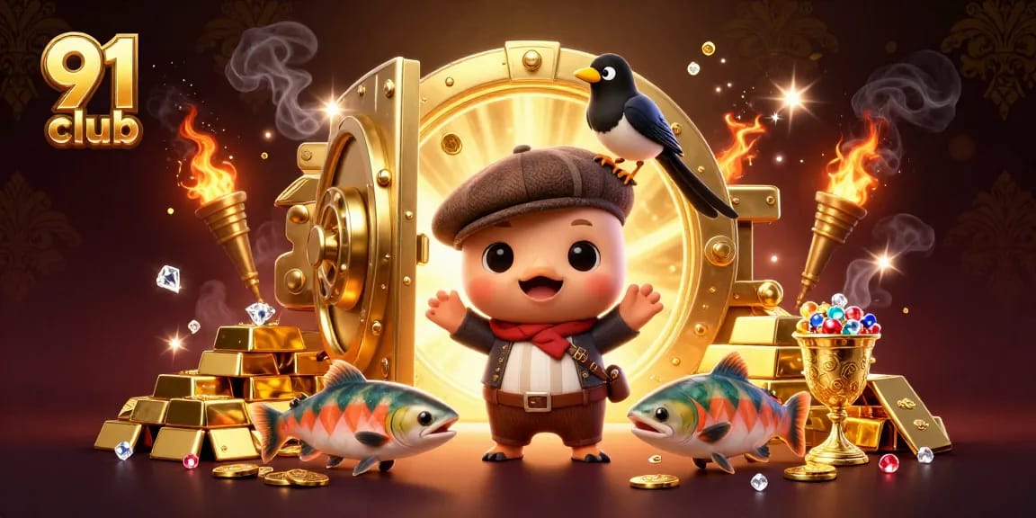 Join the excitement at 91 club with playful characters and dazzling treasures in a vibrant casino setting.