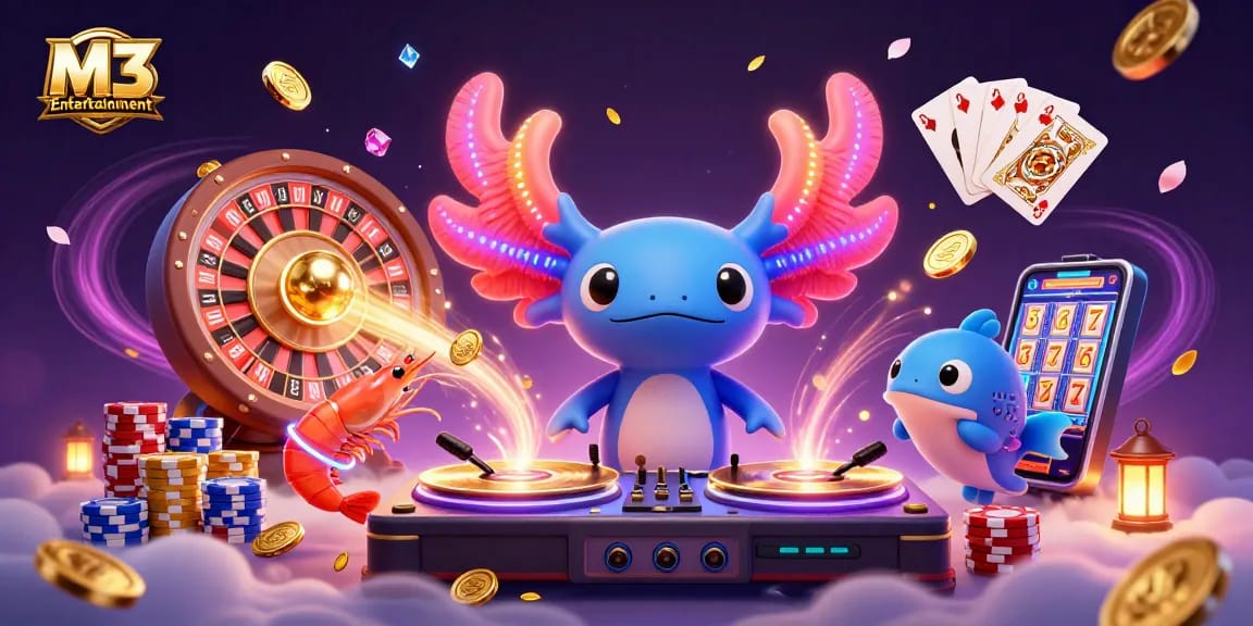M3 Entertainment showcases an energetic casino scene with a vibrant axolotl DJ and lively sea creatures.