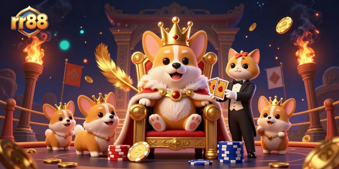 Experience thrilling gameplay at rr88 featuring a royal corgi on a throne of poker chips surrounded by dynamic gambling elements.
