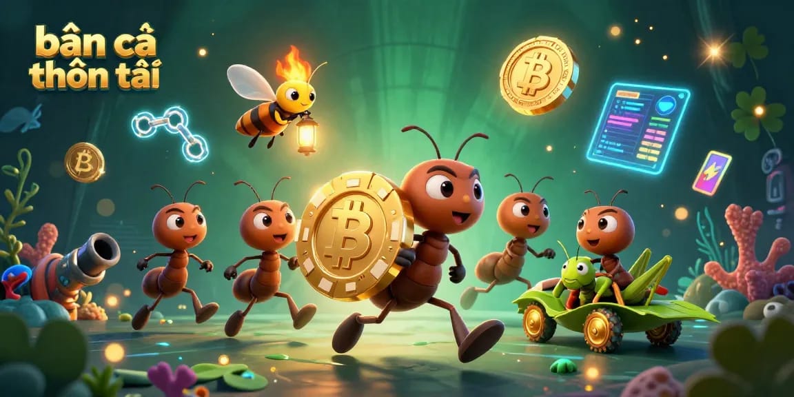 Bắn cá thần tài heist scene with cartoon ants, a firefly, and a grasshopper in an undersea adventure.