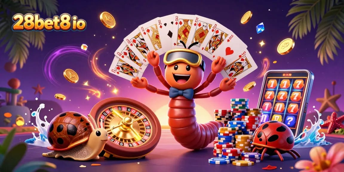 Experience the thrill of 28bet8 io with a dynamic 3D casino scene featuring a fun millipede dealer.