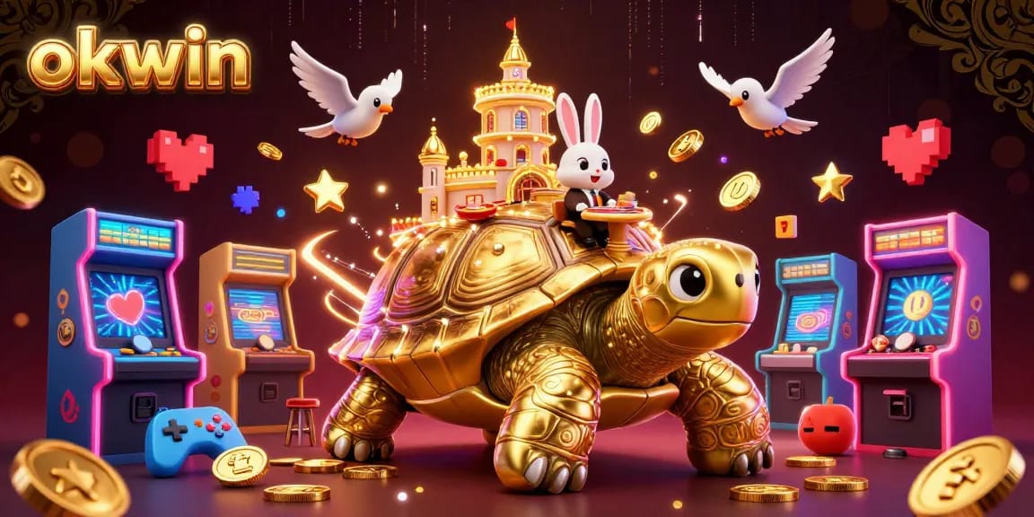 Engage in exciting games at okwin's vibrant casino scene featuring a golden tortoise, rabbit dealer, and flying coins.