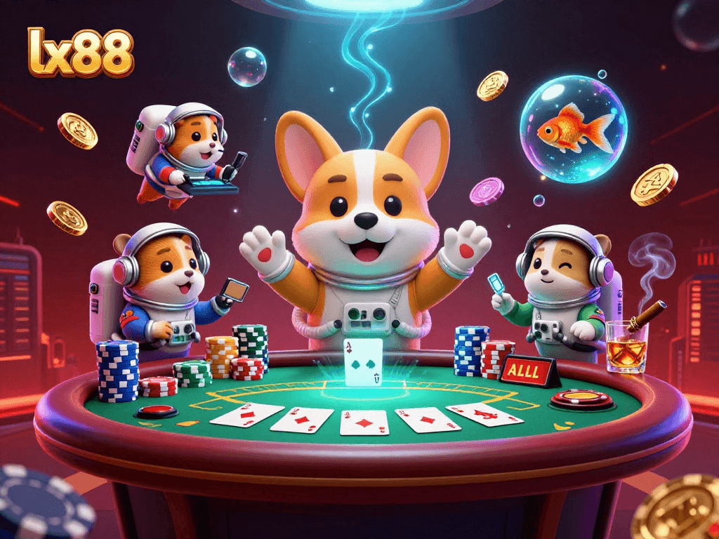 Experience the exciting adventure of lx88 with a floating corgi astronaut in a vibrant casino scene.