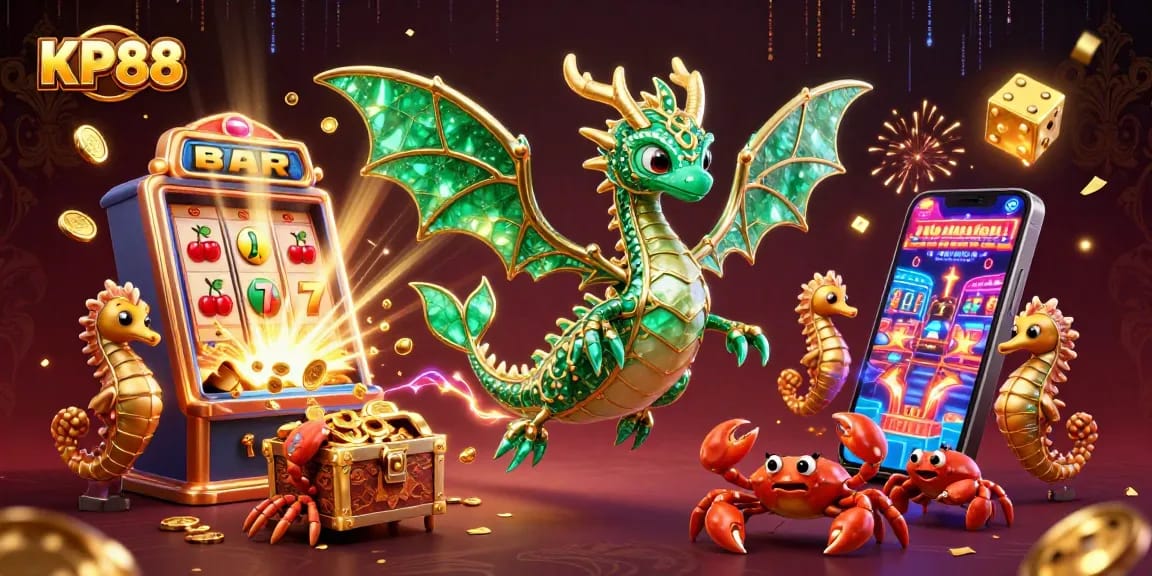 Experience KP88 with a vibrant 3D underwater casino scene showcasing a sea dragon and slot machine excitement.