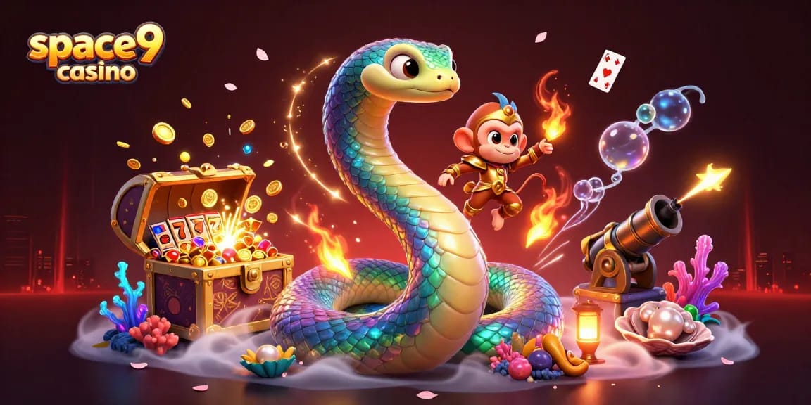 Experience the thrill of Space9 Casino with vibrant gaming elements amidst radiant characters.