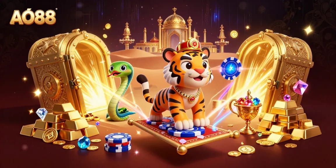 Experience excitement at AO88 casino with vibrant illustration of a tiger sultan, magic lamp, and treasures.