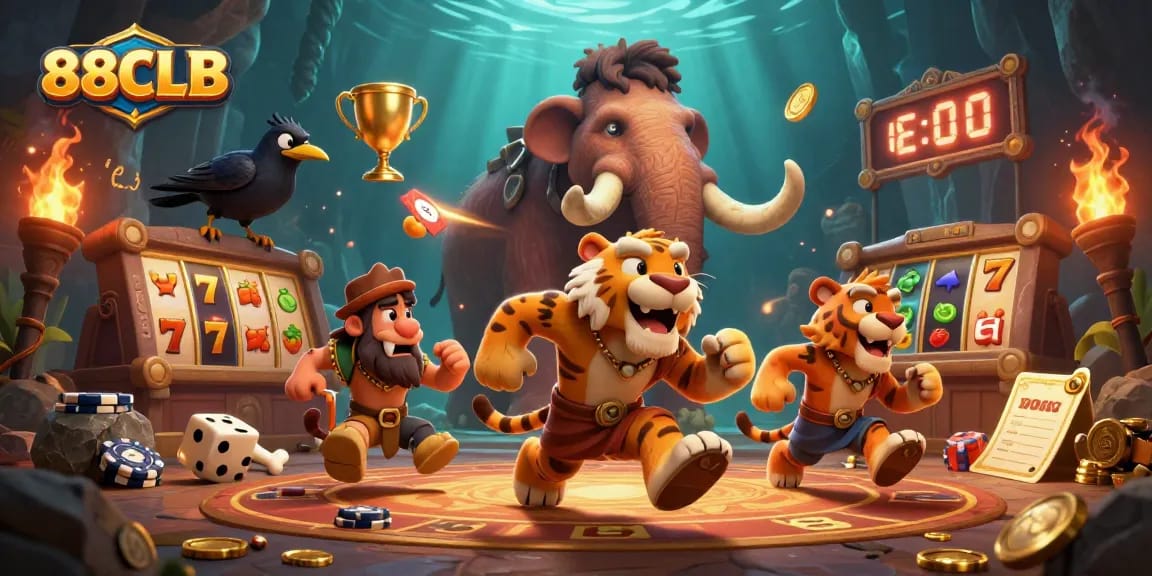 88CLB brings excitement with a lively casino scene featuring vibrant slot reels and engaging characters.
