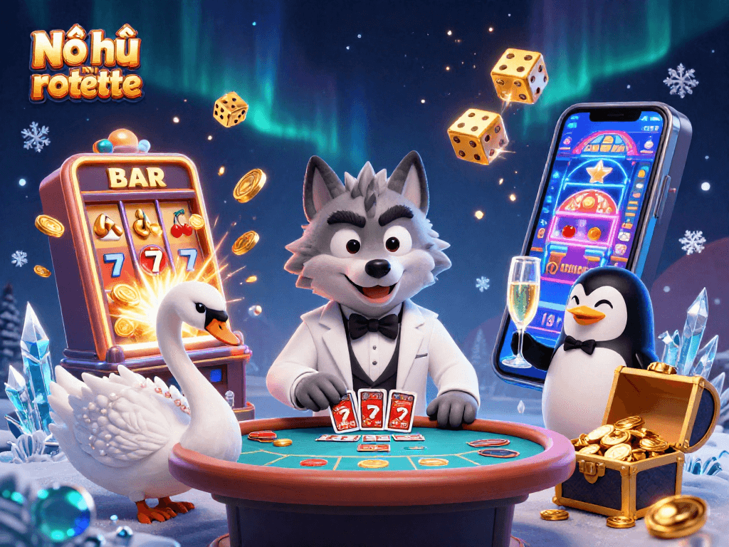 Nổ hũ mini roulette creates thrilling jackpot moments with colorful casino elements exploding around characters.