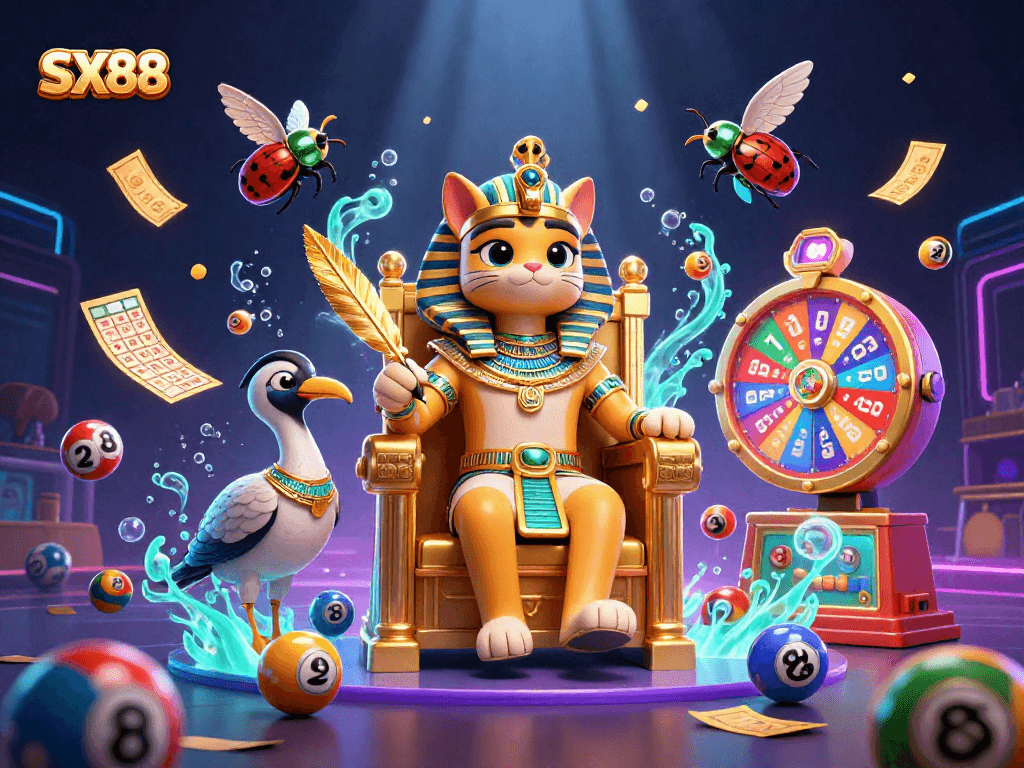 SX88 showcases excitement with a dynamic lottery scene featuring a pharaoh cat and colorful elements.