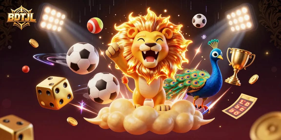 Engage in thrilling casino vibes with BDTJL as a dynamic sun lion roars amidst vibrant games.