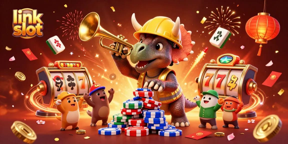 Memperlihatkan permainan link slot dengan triceratops dan parasaurolophus merayakan kemenangan kasino.