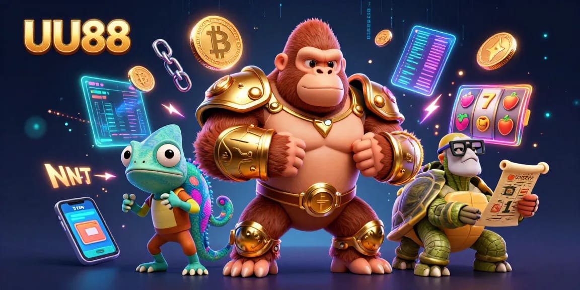 Engage with UU88's vibrant casino scene featuring a powerful gorilla king, chameleon companion, and ancient tortoise.