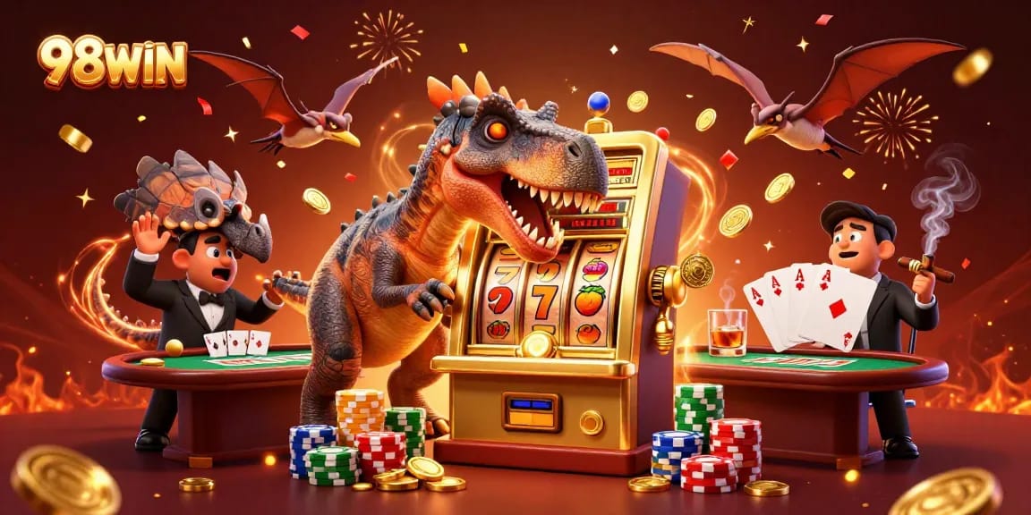 Win big with 98WIN as a pachycephalosaurus celebrates jackpot coins raining down!