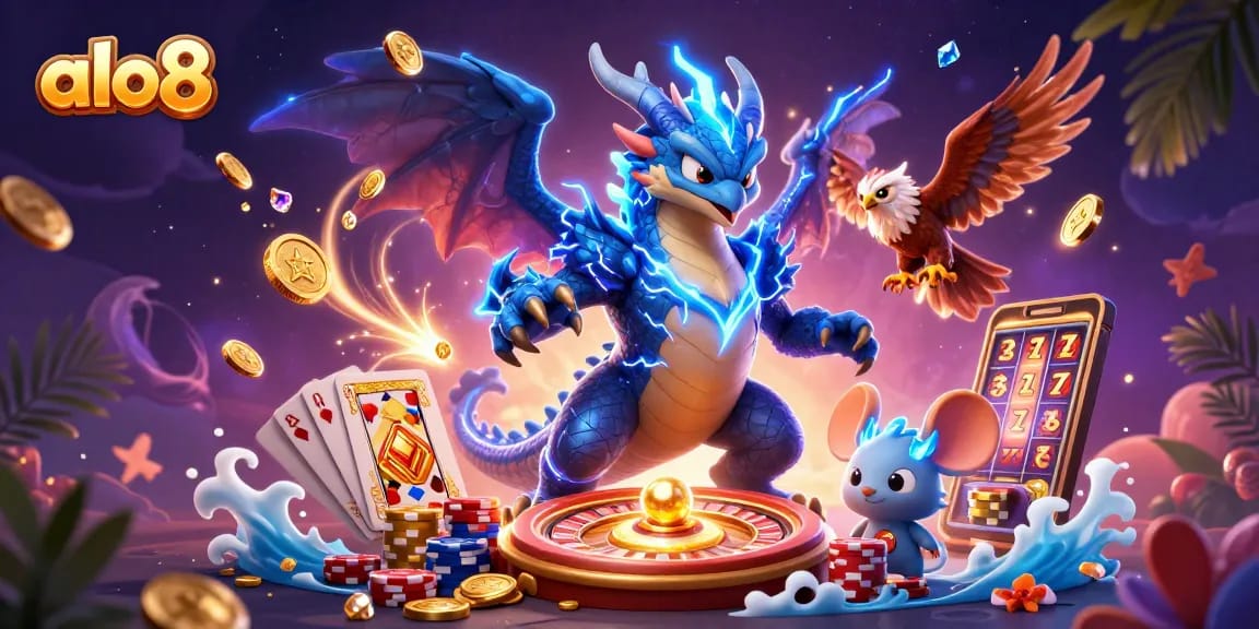 Engage in thrilling gaming adventures at alo8 with a powerful thunder dragon and vibrant casino elements.