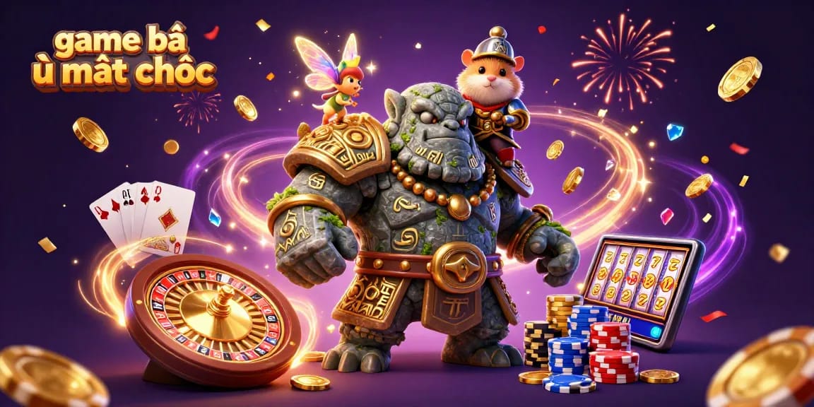 Engage with the game bài ù mạt chược as a golem guardian and fairy companion bring luck through cascading coins and vibrant casino elements.