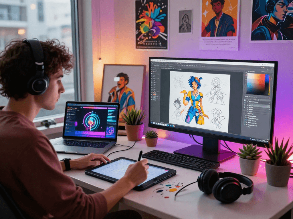 Digital artist creating NSFW AI concepts in modern studio with vibrant screens and tools.