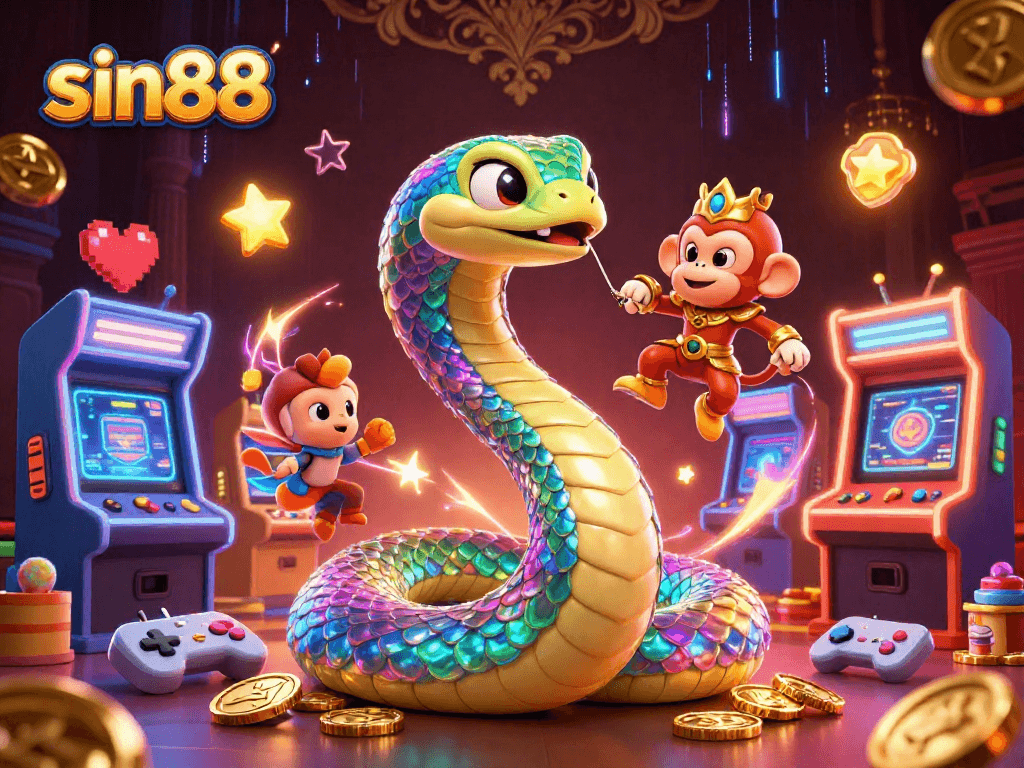 Experience thrilling gaming with sin88 featuring a vibrant 3D illustration of a playful monkey king and rainbow serpent.