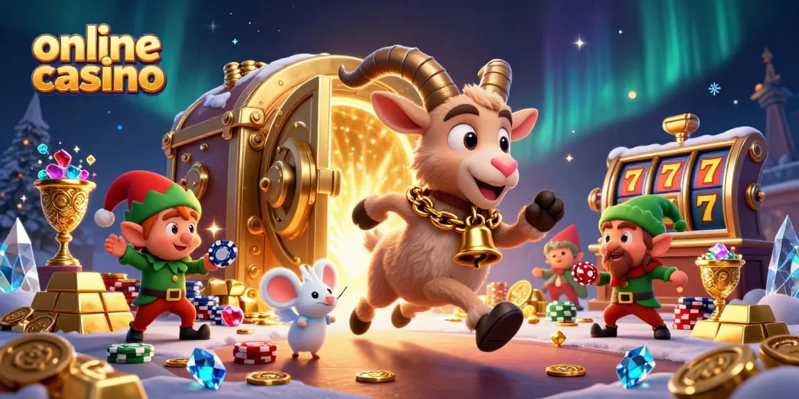Experience excitement in this dynamic online casino scene with whimsical characters and festive visuals.