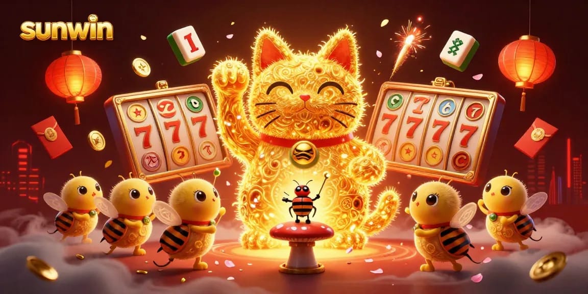 Experience sunwin's vibrant casino world with a magical lucky cat and festive symbols.