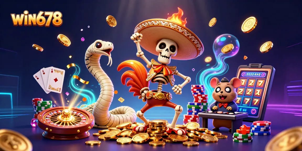 Win678 showcases an energetic scene with a mariachi skeleton rooster celebrating on golden coins, exemplifying casino excitement.