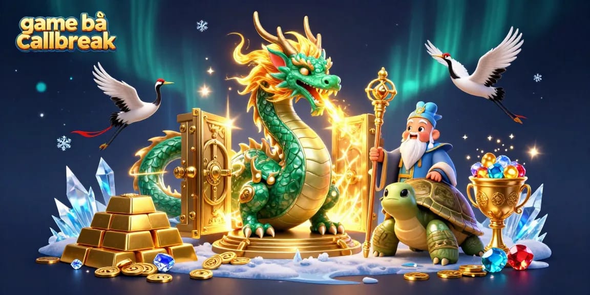 Experience the strategy of game bài callbreak with a majestic jade dragon and lucky cranes in dynamic 3D illustration.