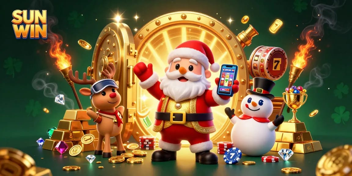 Play exciting jackpot slots at SUN WIN with festive characters in a vibrant casino setting.