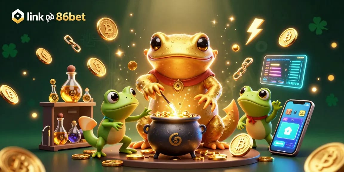 Engage with link vào 86bet through a vibrant 3D casino scene featuring alchemist characters transmuting gold.