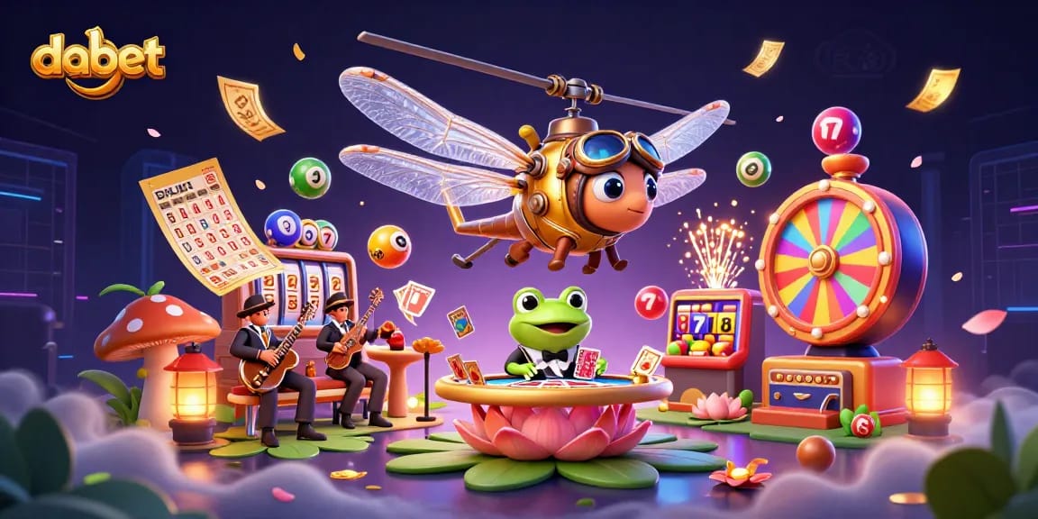 dabet brings the fun to life with a vibrant 3D casino scene filled with games and excitement, showcasing a dragonfly pilot and a frog croupier.