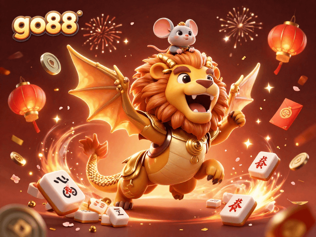 Engage with go88's thrilling 3D casino world featuring a majestic chimera and exciting game elements.