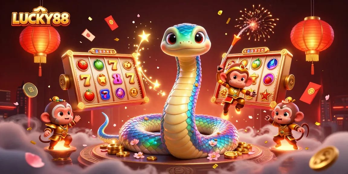 Play thrilling games with LUCKY88 as a vibrant casino scene unfolds with lucky symbols and fireflies.