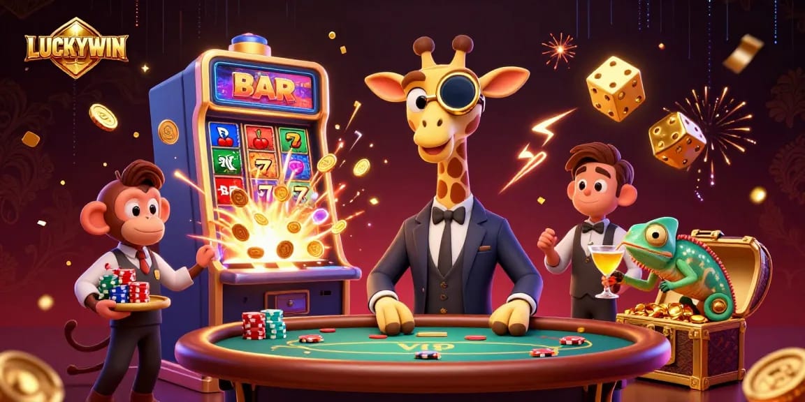 Spin jackpots at LUCKYWIN with a vibrant casino scene featuring exciting characters and games.