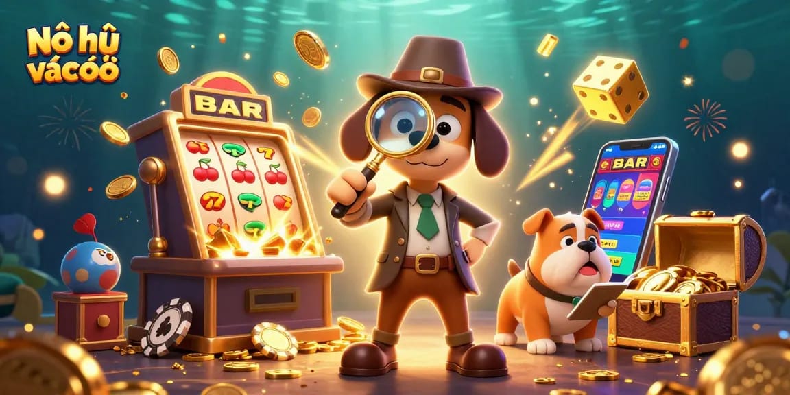 Nổ hũ đại dịch xác sống captures a 3D detective and bulldog amidst dynamic casino elements, exploring jackpot treasures.