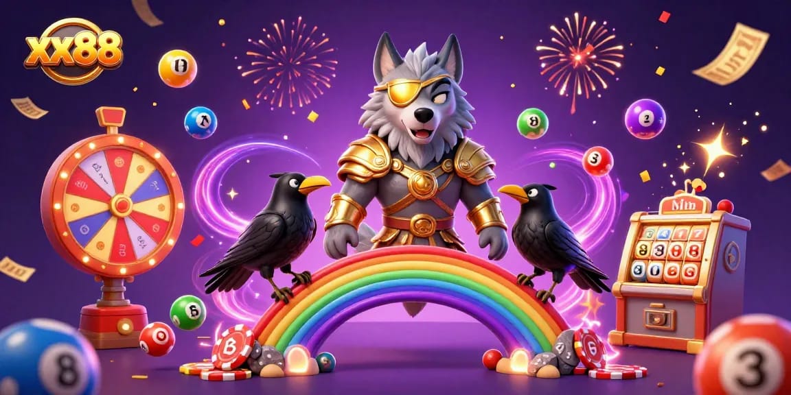Engage with xx88's vibrant casino world featuring Norse mythology characters celebrating with colorful lottery balls.