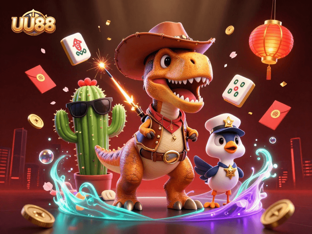 Experience thrilling gaming at UU88 with a vibrant 3D scene featuring a T-Rex and casino elements.