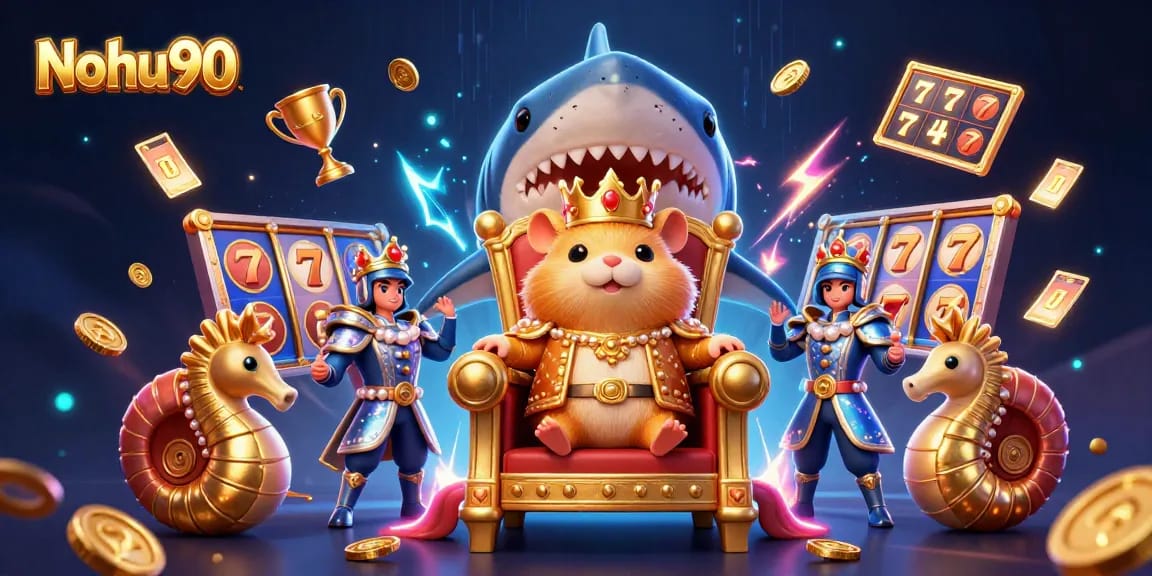 Nohu90 offers thrilling gameplay with a golden hamster king in a vibrant casino atmosphere.