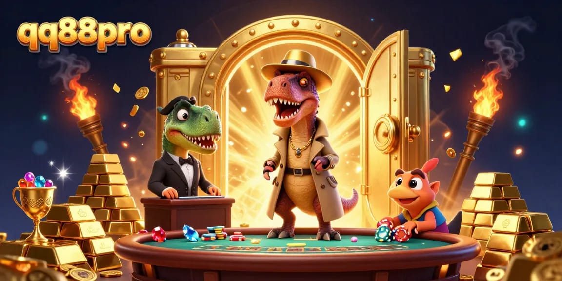 Watch the qq88pro velociraptor cleverly counting cards while the stegosaurus pit boss observes at a dynamic casino scene.