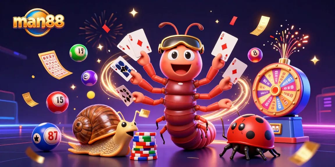 Experience exciting gameplay with man88's vibrant casino illustration featuring dynamic characters and games.