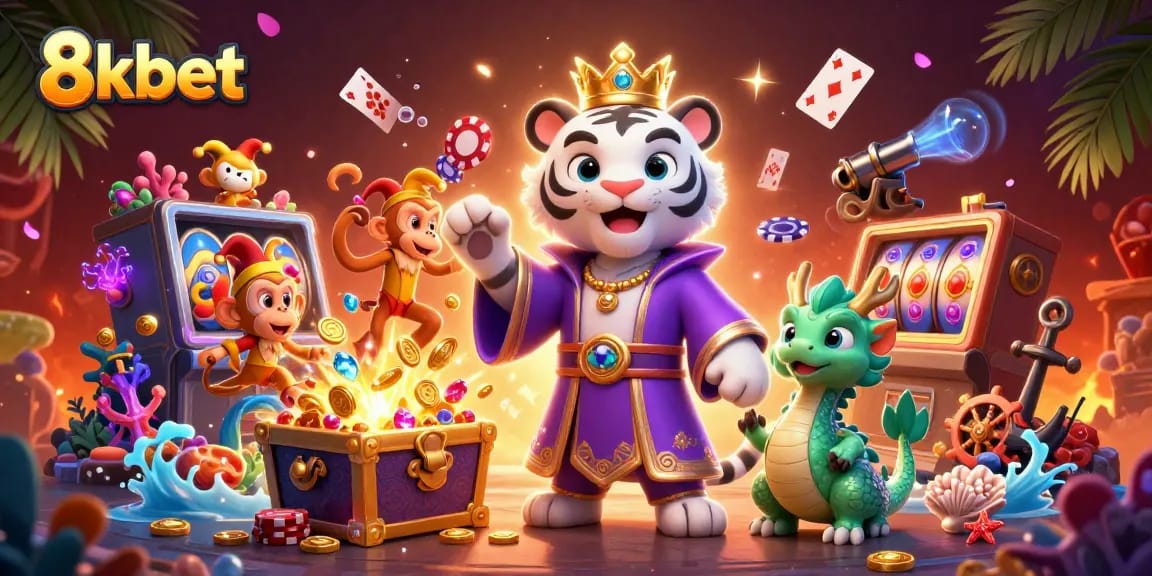 Engage in thrilling gaming at 8kbet with vibrant characters and rich casino elements in a magical setting.