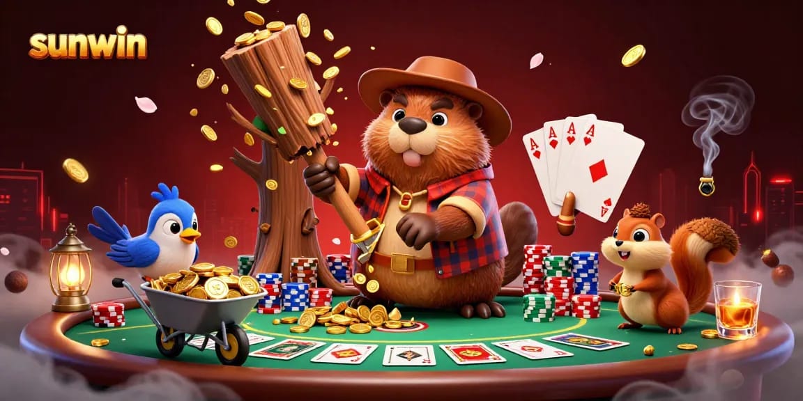 sunwin features a beaver, bird, and squirrel enjoying a vibrant casino scene with golden coins and poker elements