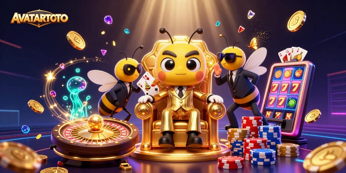AVATARTOTO showcases thrilling casino action with a 3D mob boss and vibrant gaming elements.