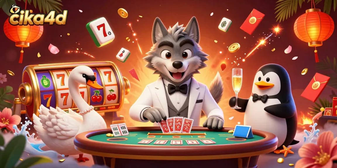 Experience thrilling gameplay with CIKA4D as a debonair wolf enjoys baccarat surrounded by glamorous casino elements.
