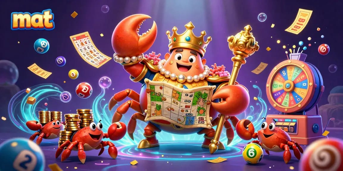 Engage in thrilling lottery action with mat, showcasing vibrant balls and a golden crab emperor.