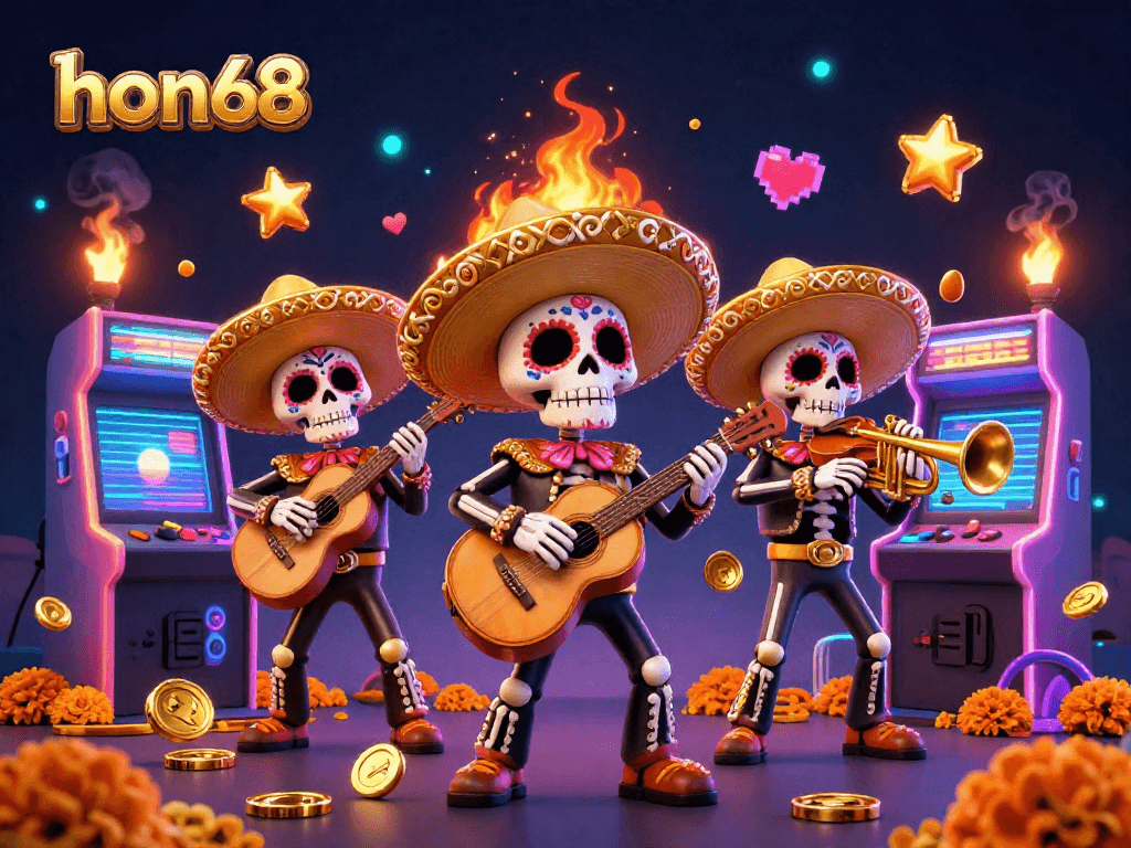 Play exciting games at hon68 with vibrant casino-themed illustration featuring a mariachi band.