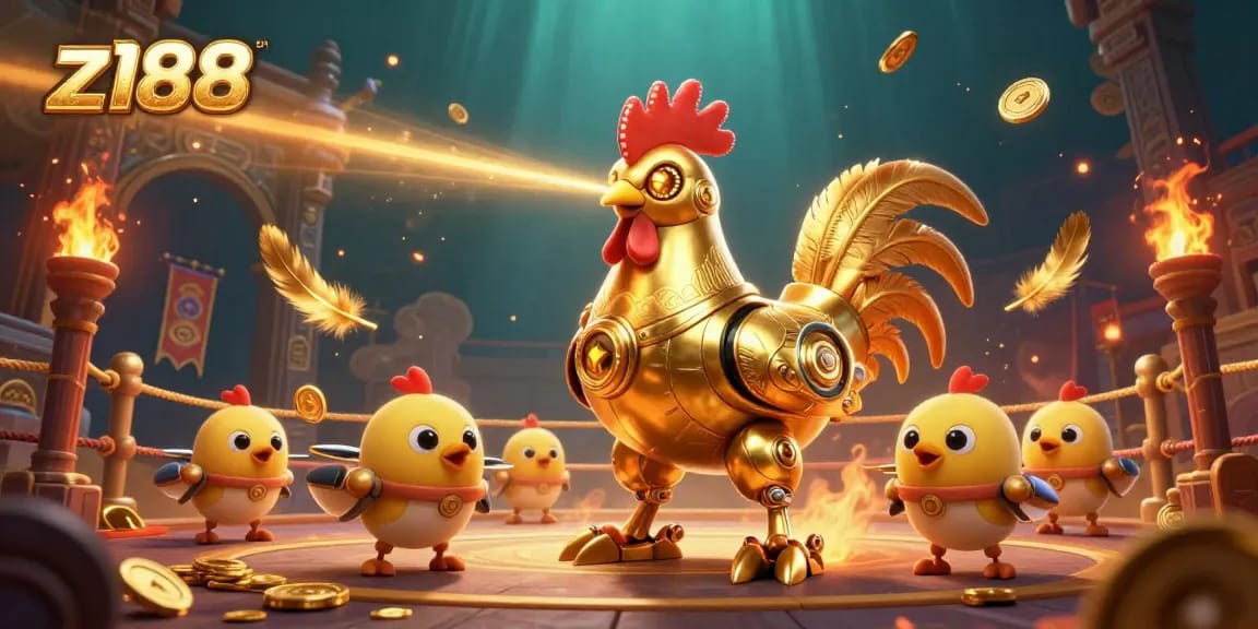 Bet on z188 with golden rooster robot and baby chick drones in an exciting casino arena.