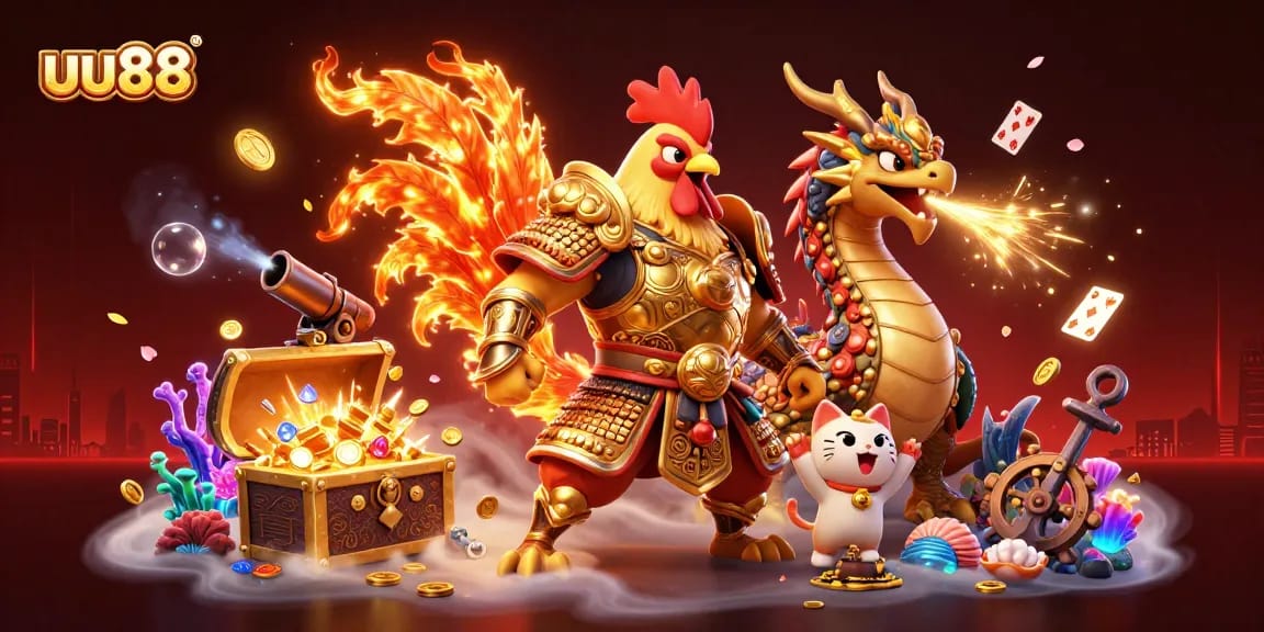 Experience thrilling gameplay at uu88 with an exciting dynamic scene featuring a rooster warrior and dragon hatchling.