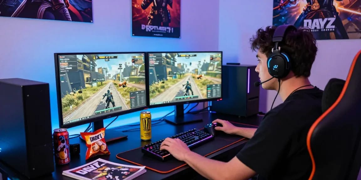 Intense gamer using DayZ Hack features in a vibrant gaming setup