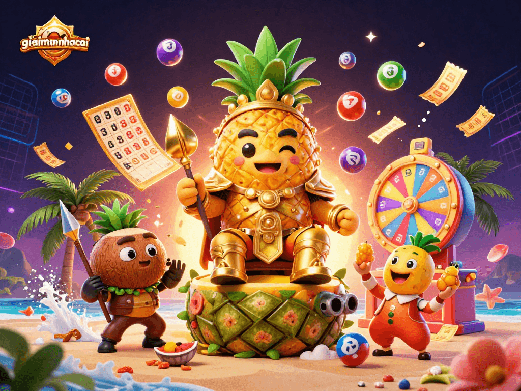 giaimanhacai features a vibrant casino scene with a golden pineapple king and lively game elements.