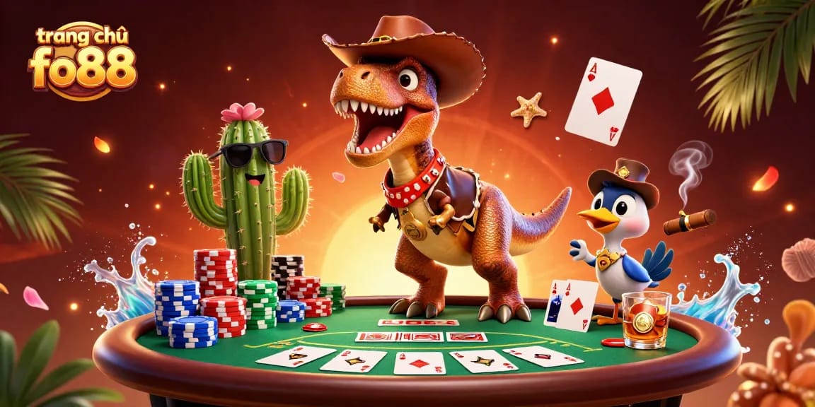 Experience gaming excitement on trang chủ fo88 with a vibrant 3D casino illustration featuring characters and poker game elements.